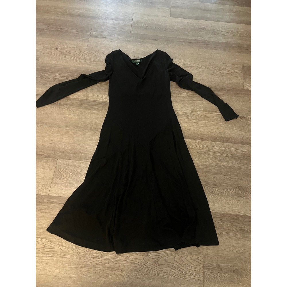 Lauren Ralph Lauren Black Long Sleeve V-Neck Fit & Flare Midi Dress Womens M